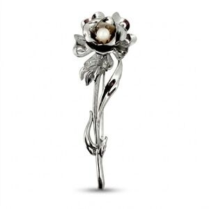 Vintage Coro Signed Silver Tone Flower Brooch Faux Pearl Long Stem Pin c1950